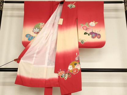平和屋着物[]七五三　女の子　３歳　祝着　一つ身　友禅　駒刺繍　雪輪花文　暈し染め　金彩　正絹　逸品　AABF2200ja