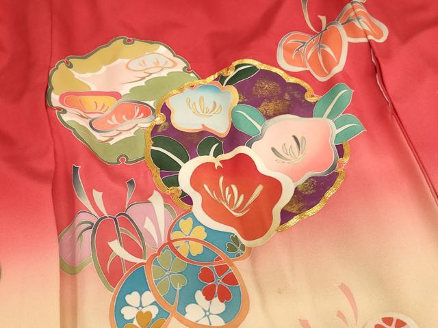 平和屋着物[]七五三　女の子　３歳　祝着　一つ身　友禅　駒刺繍　雪輪花文　暈し染め　金彩　正絹　逸品　AABF2200ja