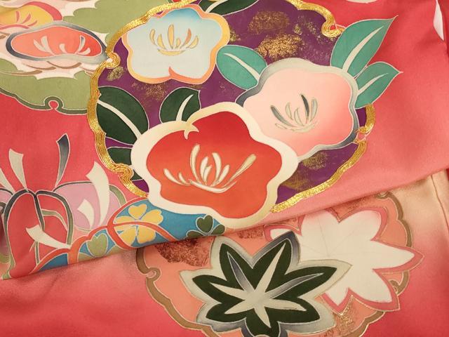 平和屋着物[]七五三　女の子　３歳　祝着　一つ身　友禅　駒刺繍　雪輪花文　暈し染め　金彩　正絹　逸品　AABF2200ja