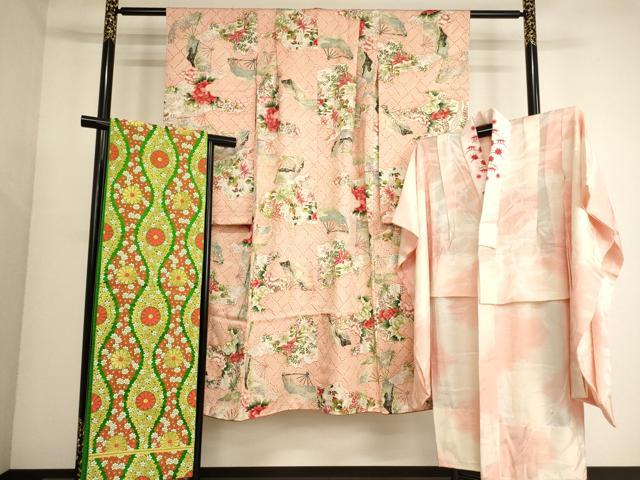 平和屋着物[]七五三　女の子　７歳　祝着・長襦袢・袋帯セット　雲重ね舞扇文　金彩　逸品　AABF2240ja