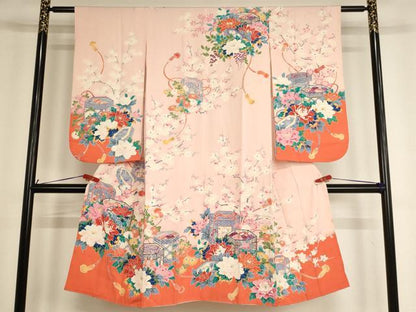 平和屋着物[]七五三　女の子　７歳　祝着　四つ身　貝桶花文　逸品　AABF2242ja