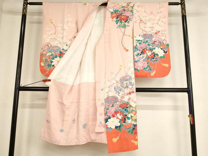 平和屋着物[]七五三　女の子　７歳　祝着　四つ身　貝桶花文　逸品　AABF2242ja