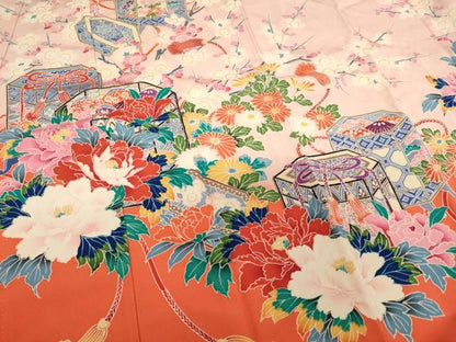 平和屋着物[]七五三　女の子　７歳　祝着　四つ身　貝桶花文　逸品　AABF2242ja