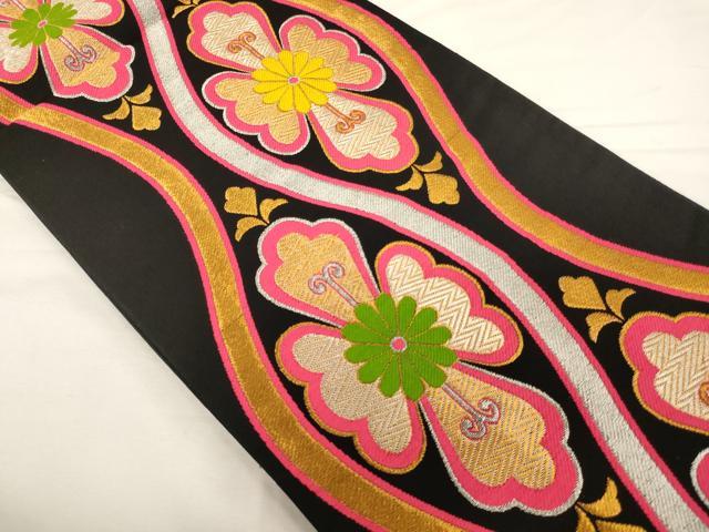 平和屋着物∵子供　全通柄袋帯　立涌花文　黒地　金銀糸　AABF2245ja