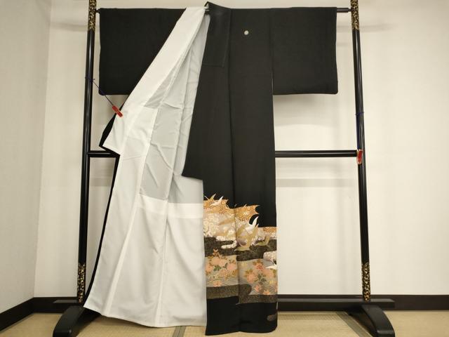 平和屋着物■豪華黒留袖　駒刺繍　エ霞飛鶴花文　金彩　正絹　逸品　AABF2273ja