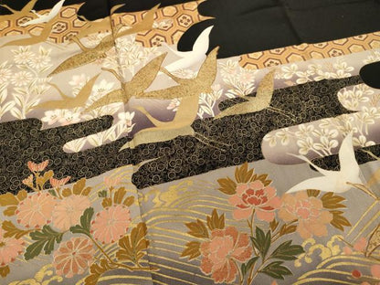 平和屋着物■豪華黒留袖　駒刺繍　エ霞飛鶴花文　金彩　正絹　逸品　AABF2273ja