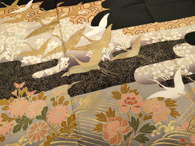 平和屋着物■豪華黒留袖　駒刺繍　エ霞飛鶴花文　金彩　正絹　逸品　AABF2273ja