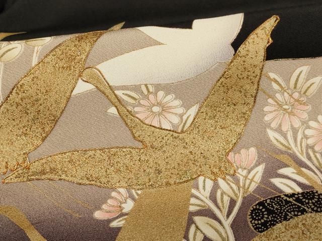 平和屋着物■豪華黒留袖　駒刺繍　エ霞飛鶴花文　金彩　正絹　逸品　AABF2273ja