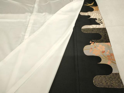 平和屋着物■豪華黒留袖　駒刺繍　エ霞飛鶴花文　金彩　正絹　逸品　AABF2273ja