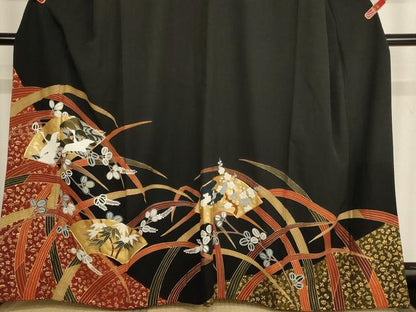 平和屋着物■豪華黒留袖　駒刺繍　地紙飛鶴草花文　松竹梅　金彩　正絹　逸品　AABF2275ja