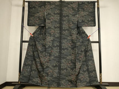 平和屋着物■上質な紬 花鳥文 黒地 正絹 逸品 未使用 AABF2277ja