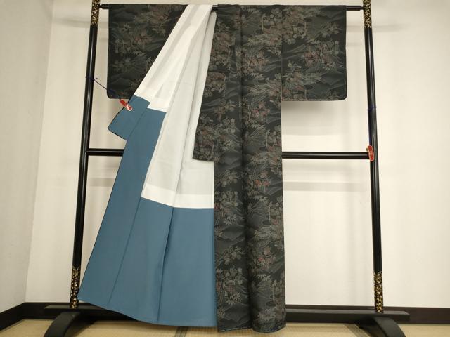 平和屋着物■上質な紬 花鳥文 黒地 正絹 逸品 未使用 AABF2277ja