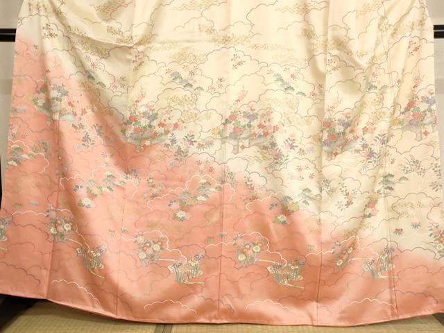 平和屋着物●訪問着　雪芝舞花文　暈し染め　金彩　正絹　逸品　AABH6875ph 平和屋着物□訪問着 雲重ね芝垣花文 暈し染め 金彩 正絹