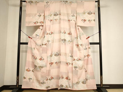 平和屋着物■上質な小紋 扇面花文 暈し染め 金銀彩 正絹 逸品 AABF2295ja