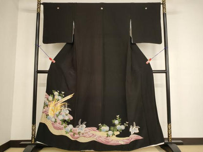 平和屋着物■黒留袖 刺繍 流水尾長鳥花文 金糸 金彩 洗える着物 AABF2297ja