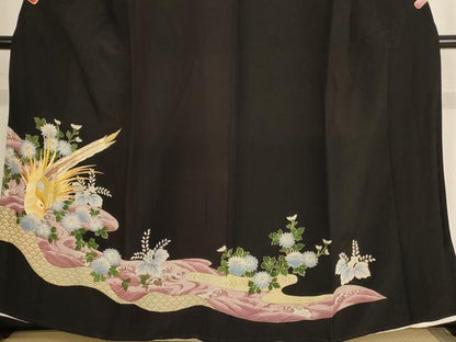 平和屋着物■黒留袖 刺繍 流水尾長鳥花文 金糸 金彩 洗える着物 AABF2297ja