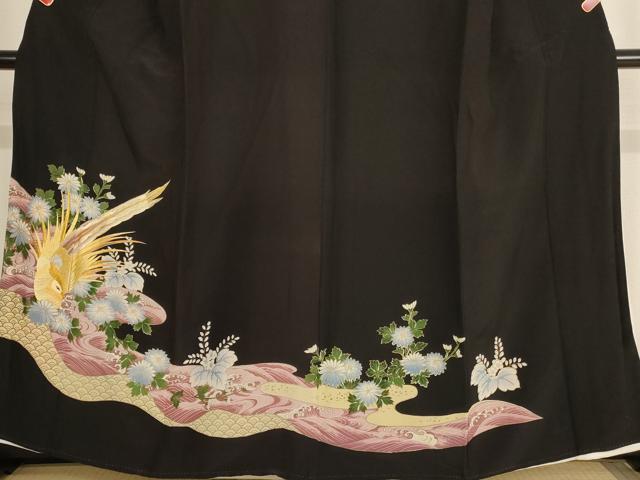 平和屋着物■黒留袖 刺繍 流水尾長鳥花文 金糸 金彩 洗える着物 AABF2297ja