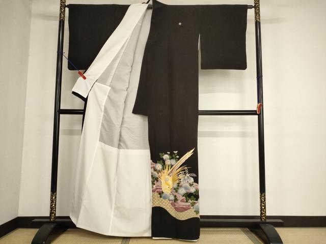 平和屋着物■黒留袖 刺繍 流水尾長鳥花文 金糸 金彩 洗える着物 AABF2297ja