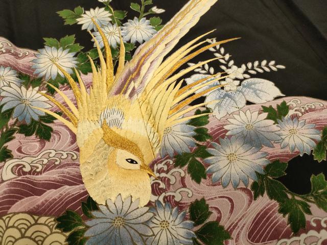 平和屋着物■黒留袖 刺繍 流水尾長鳥花文 金糸 金彩 洗える着物 AABF2297ja