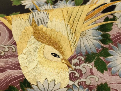 平和屋着物■黒留袖 刺繍 流水尾長鳥花文 金糸 金彩 洗える着物 AABF2297ja