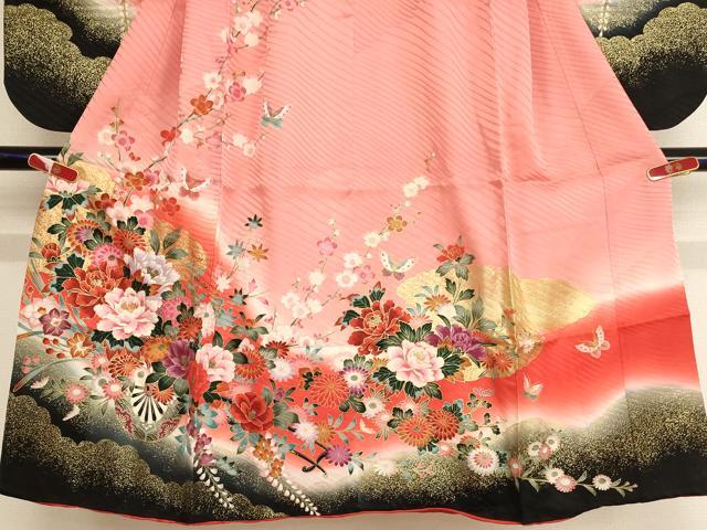 平和屋着物[]七五三　女の子　７歳　祝着　四つ身　花車文　暈し染め　金彩　正絹　逸品　AABF2309ja