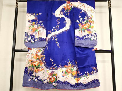 平和屋着物[]七五三 女の子 ７歳 祝着 四つ身 駒刺繍 楽器花文 金彩 AABF2314ja