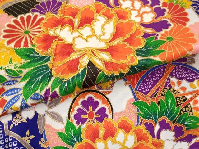 平和屋着物[]七五三　女の子　７歳　祝着　四つ身　駒刺繍　楽器花文　金彩　AABF2314ja