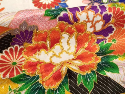 平和屋着物[]七五三　女の子　７歳　祝着　四つ身　駒刺繍　楽器花文　金彩　AABF2314ja