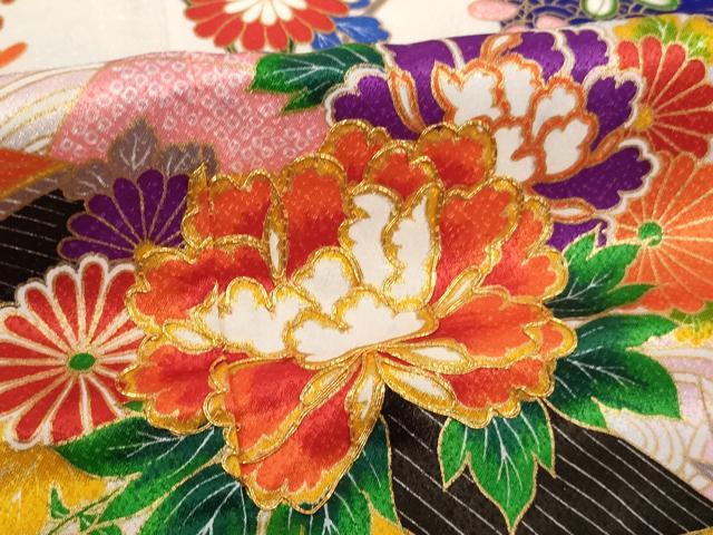 平和屋着物[]七五三　女の子　７歳　祝着　四つ身　駒刺繍　楽器花文　金彩　AABF2314ja