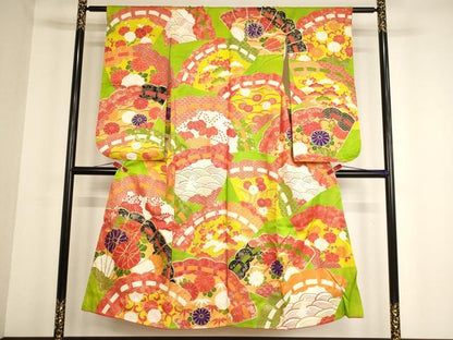 平和屋着物∵女の子 十三参り 子供 祝着 駒刺繍 檜扇花文 金彩 正絹 逸品 未使用 AABF2316ja