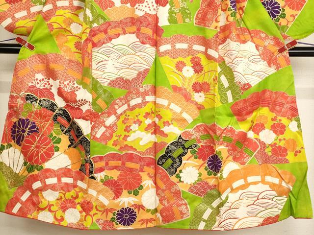 平和屋着物∵女の子 十三参り 子供 祝着 駒刺繍 檜扇花文 金彩 正絹 逸品 未使用 AABF2316ja
