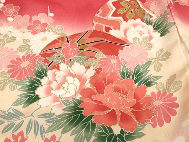 平和屋着物[]お宮参り　女の子　祝着　産着　初着　のしめ　手毬花文　暈し染め　金彩　正絹　逸品　AABF2319ja