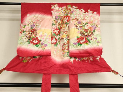 平和屋着物[]七五三　女の子　３歳　祝着　一つ身　駒刺繍　手毬花文　暈し染め　金彩　正絹　逸品　AABF2323ja
