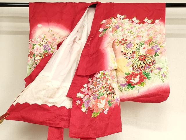 平和屋着物[]七五三　女の子　３歳　祝着　一つ身　駒刺繍　手毬花文　暈し染め　金彩　正絹　逸品　AABF2323ja