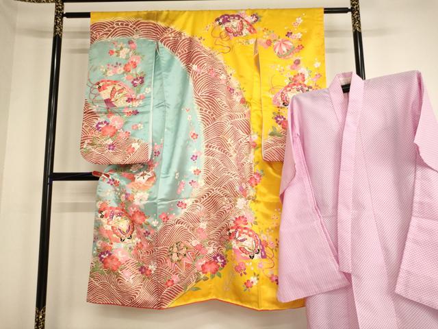平和屋着物[]七五三　女の子　７歳　祝着　四つ身　長襦袢(単衣)セット　扇面花蝶手毬文　金銀彩　洗える着物　AABF2324ja