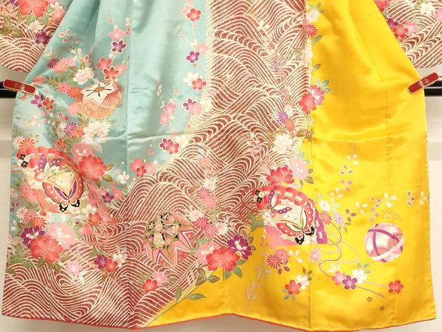 平和屋着物[]七五三　女の子　７歳　祝着　四つ身　長襦袢(単衣)セット　扇面花蝶手毬文　金銀彩　洗える着物　AABF2324ja