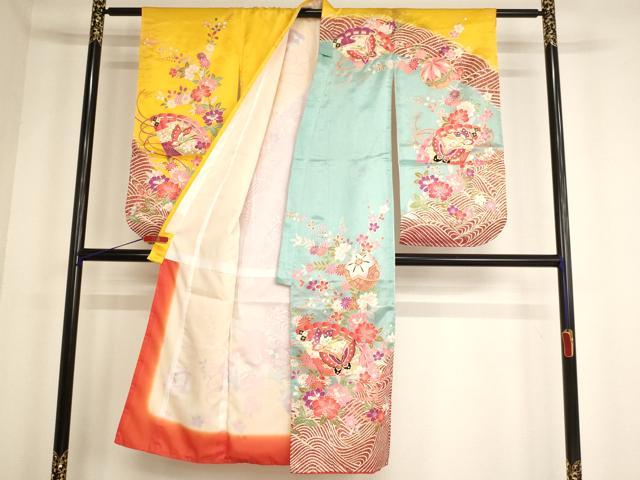 平和屋着物[]七五三　女の子　７歳　祝着　四つ身　長襦袢(単衣)セット　扇面花蝶手毬文　金銀彩　洗える着物　AABF2324ja
