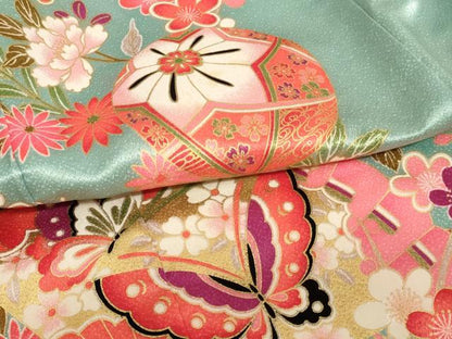 平和屋着物[]七五三　女の子　７歳　祝着　四つ身　長襦袢(単衣)セット　扇面花蝶手毬文　金銀彩　洗える着物　AABF2324ja