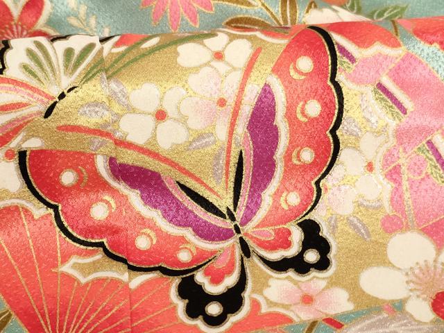 平和屋着物[]七五三　女の子　７歳　祝着　四つ身　長襦袢(単衣)セット　扇面花蝶手毬文　金銀彩　洗える着物　AABF2324ja