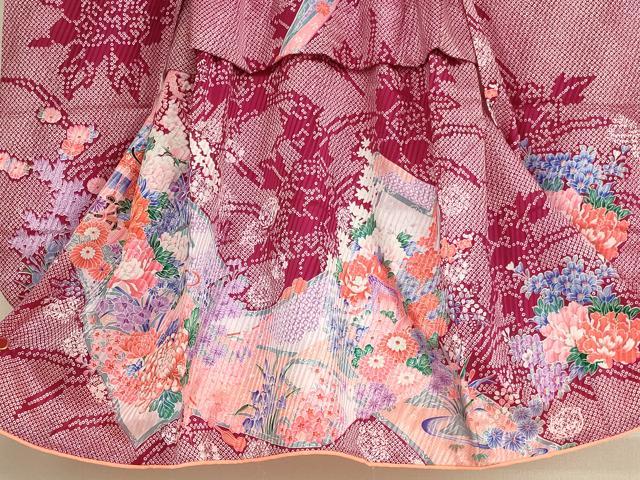 平和屋着物[]七五三　女の子　３歳　祝着　三つ身　長襦袢(単衣・半衿刺繍)セット　駒刺繍　御所車花絵巻文　洗える着物　AABF2328ja