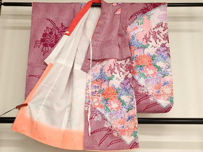 平和屋着物[]七五三　女の子　３歳　祝着　三つ身　長襦袢(単衣・半衿刺繍)セット　駒刺繍　御所車花絵巻文　洗える着物　AABF2328ja