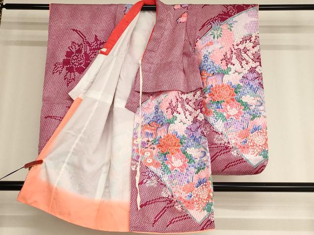 平和屋着物[]七五三　女の子　３歳　祝着　三つ身　長襦袢(単衣・半衿刺繍)セット　駒刺繍　御所車花絵巻文　洗える着物　AABF2328ja
