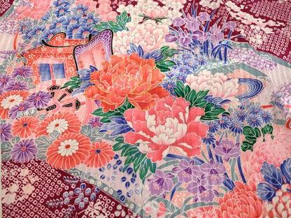 平和屋着物[]七五三　女の子　３歳　祝着　三つ身　長襦袢(単衣・半衿刺繍)セット　駒刺繍　御所車花絵巻文　洗える着物　AABF2328ja