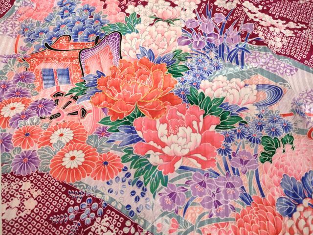 平和屋着物[]七五三　女の子　３歳　祝着　三つ身　長襦袢(単衣・半衿刺繍)セット　駒刺繍　御所車花絵巻文　洗える着物　AABF2328ja