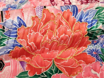 平和屋着物[]七五三　女の子　３歳　祝着　三つ身　長襦袢(単衣・半衿刺繍)セット　駒刺繍　御所車花絵巻文　洗える着物　AABF2328ja