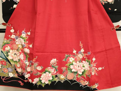 平和屋着物[]七五三　女の子　７歳　祝着　四つ身　駒刺繍　草花文　金彩　正絹　逸品　AABF2330ja