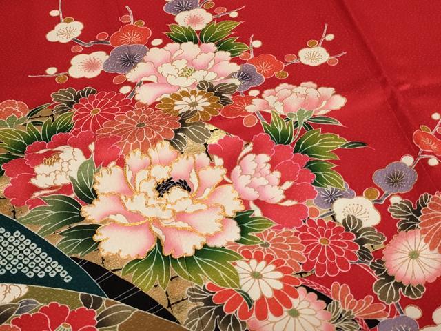 平和屋着物[]七五三　女の子　７歳　祝着　四つ身　駒刺繍　草花文　金彩　正絹　逸品　AABF2330ja