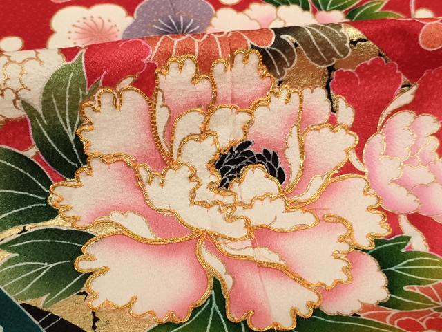 平和屋着物[]七五三　女の子　７歳　祝着　四つ身　駒刺繍　草花文　金彩　正絹　逸品　AABF2330ja