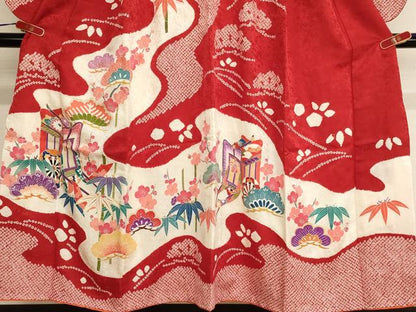 平和屋着物∵女の子 十三参り 子供 祝着 友禅 絞り 松竹梅御所車文 金彩 正絹 逸品 AABF2331ja