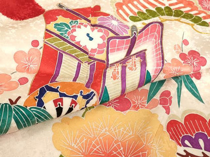 平和屋着物∵女の子 十三参り 子供 祝着 友禅 絞り 松竹梅御所車文 金彩 正絹 逸品 AABF2331ja